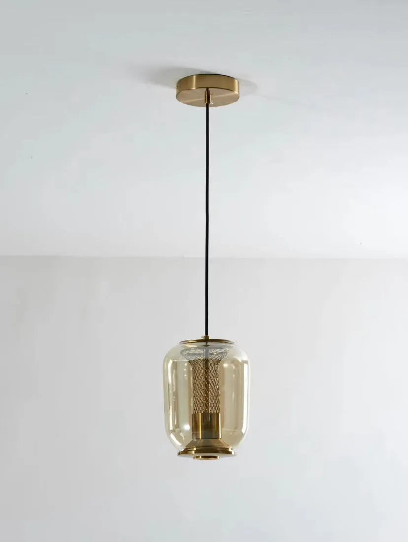 Minimalist Nordic style chandelier ceiling lamp in transparent, cognac, or smoky grey glass, 16cm diameter