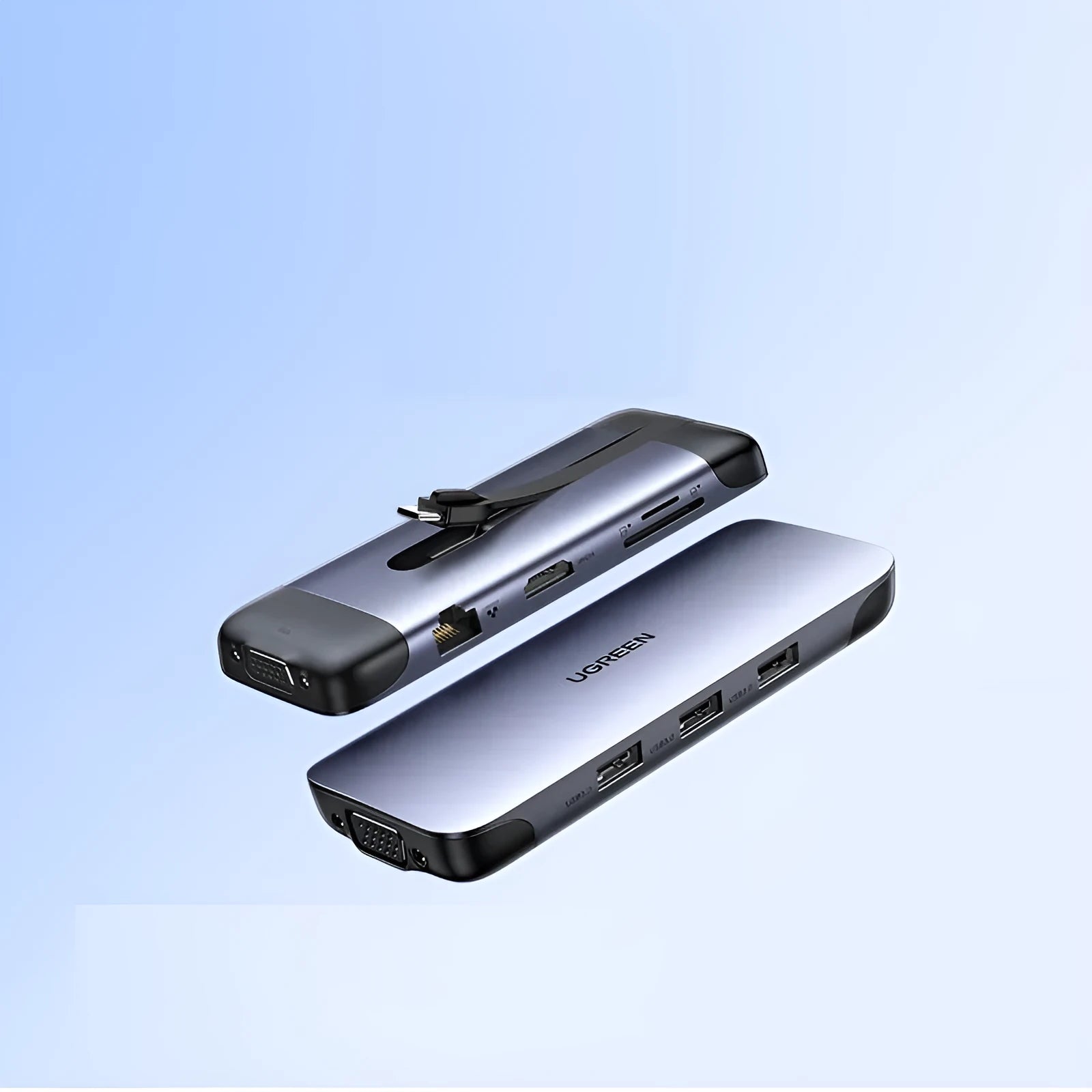USB-C docking station expansion hub with short cable showing HDMI, USB 3.0, and ethernet ports