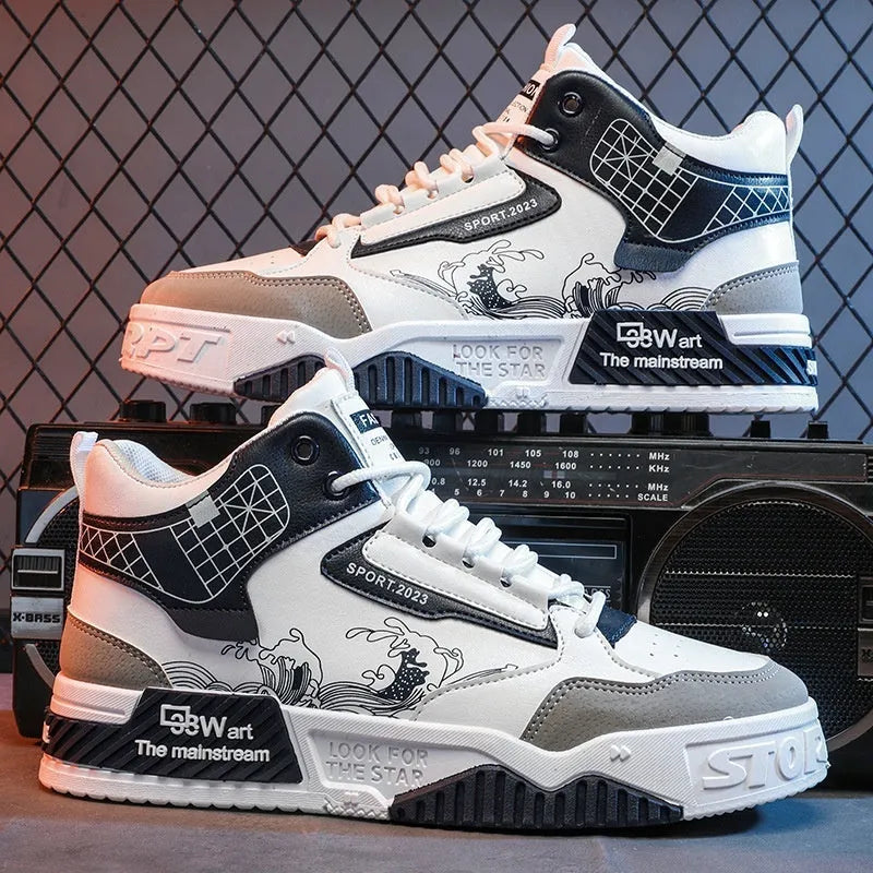 Men's high-top casual board shoes in beige, white, and blue with flat rubber soles and lace-up front
