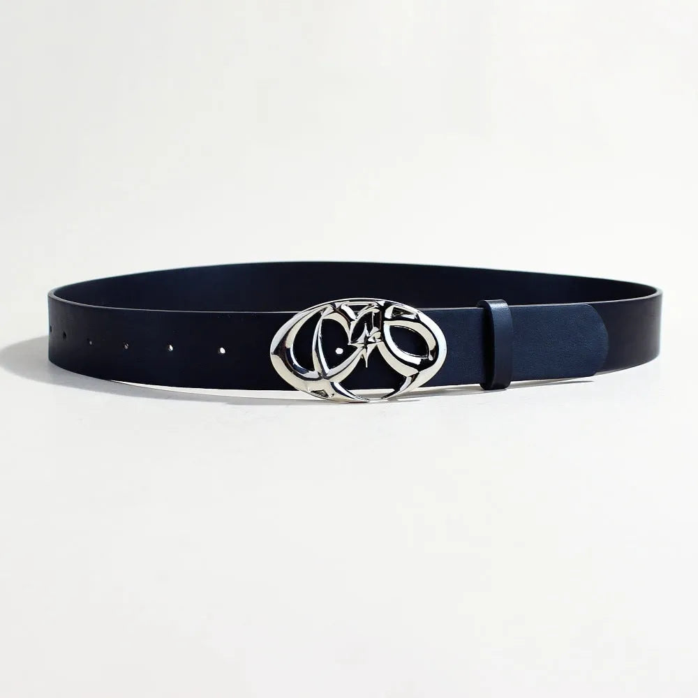 Men's casual PU leather belt with silver alloy buckle showing 3.3cm width and snap-button fastening