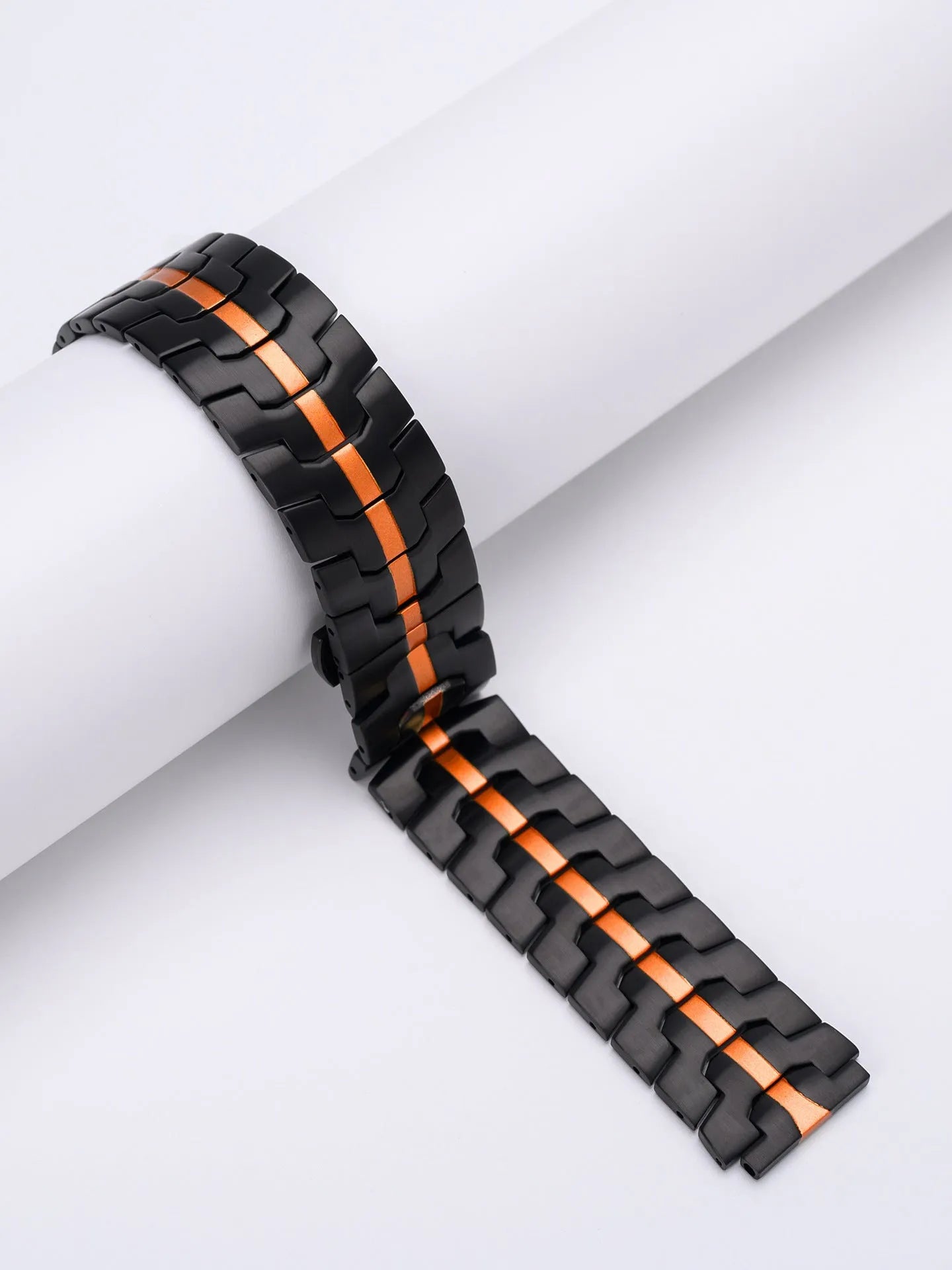 Stainless steel watch band for Samsung Galaxy Watch in silver, black, titanium, blue, and two-tone colour options.
