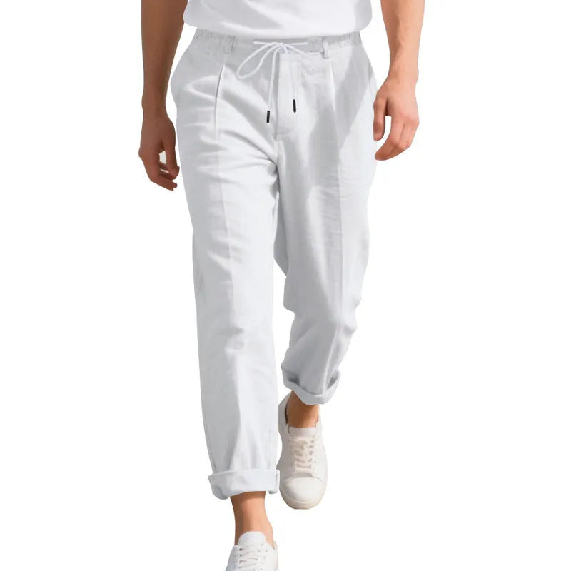 Men's linen casual trousers in straight leg style with drawstring waist in light khaki colour