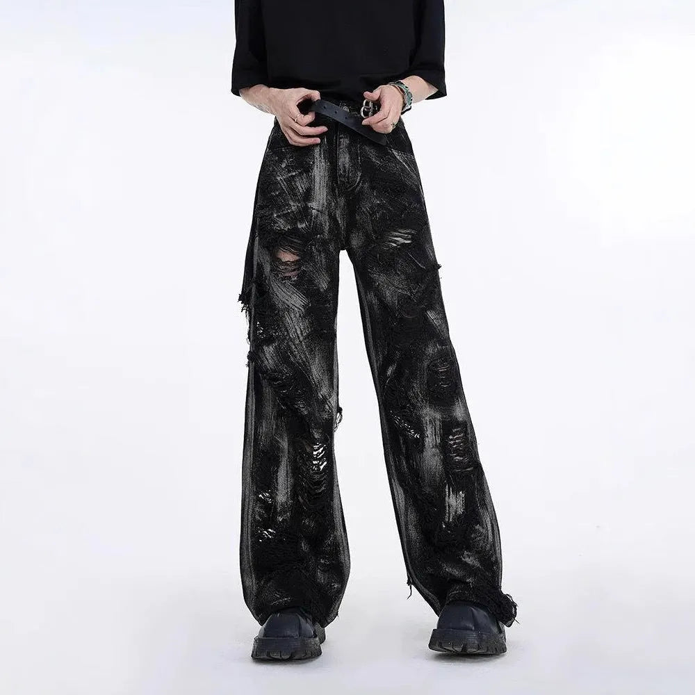 Men's black denim long pants jacket with graffiti details and mid waist design, American high street wasteland style
