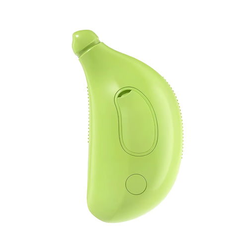 Green rechargeable cat steam brush with silicone paw-shaped bristles for grooming and massage.