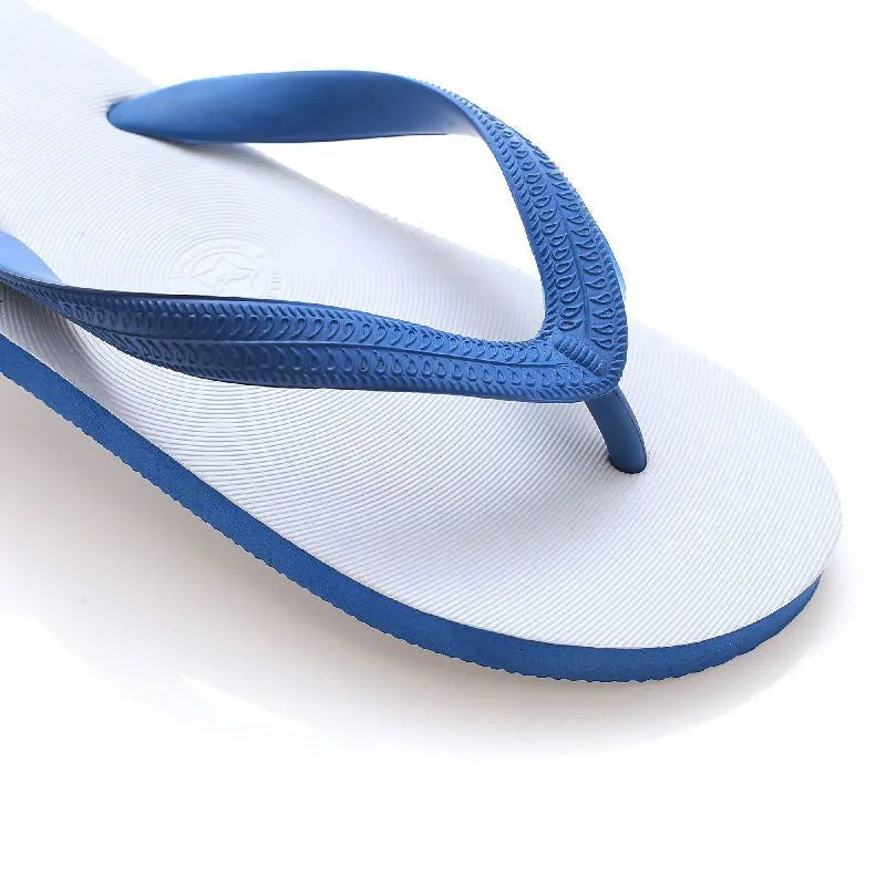 Colour options of rubber beach flip-flops with fish brand label, showing non-slip sole.