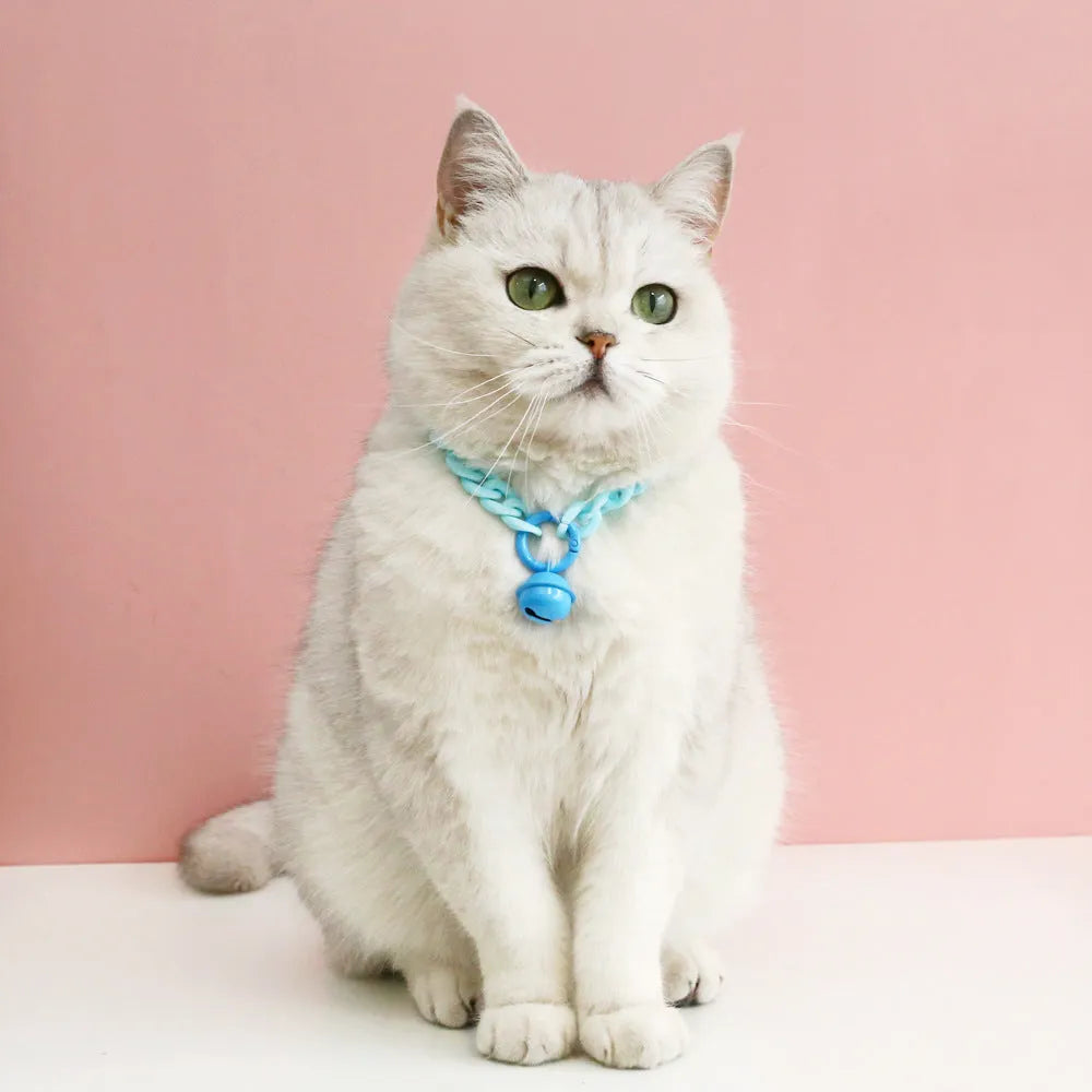 Macaron candy colour plastic chain collar for pets in blue, pink, and mixed colours with S and M size tags.