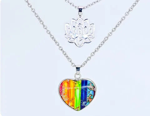 Seven-colour heart-shaped emperor stone lotus double-layer necklace in silver tone on display