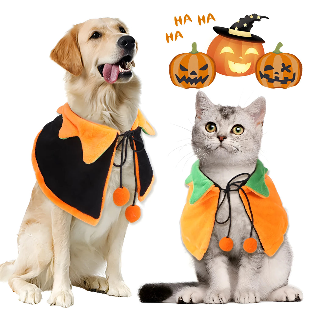 Orange pumpkin-themed plush cloak for dogs and cats with double-sided design