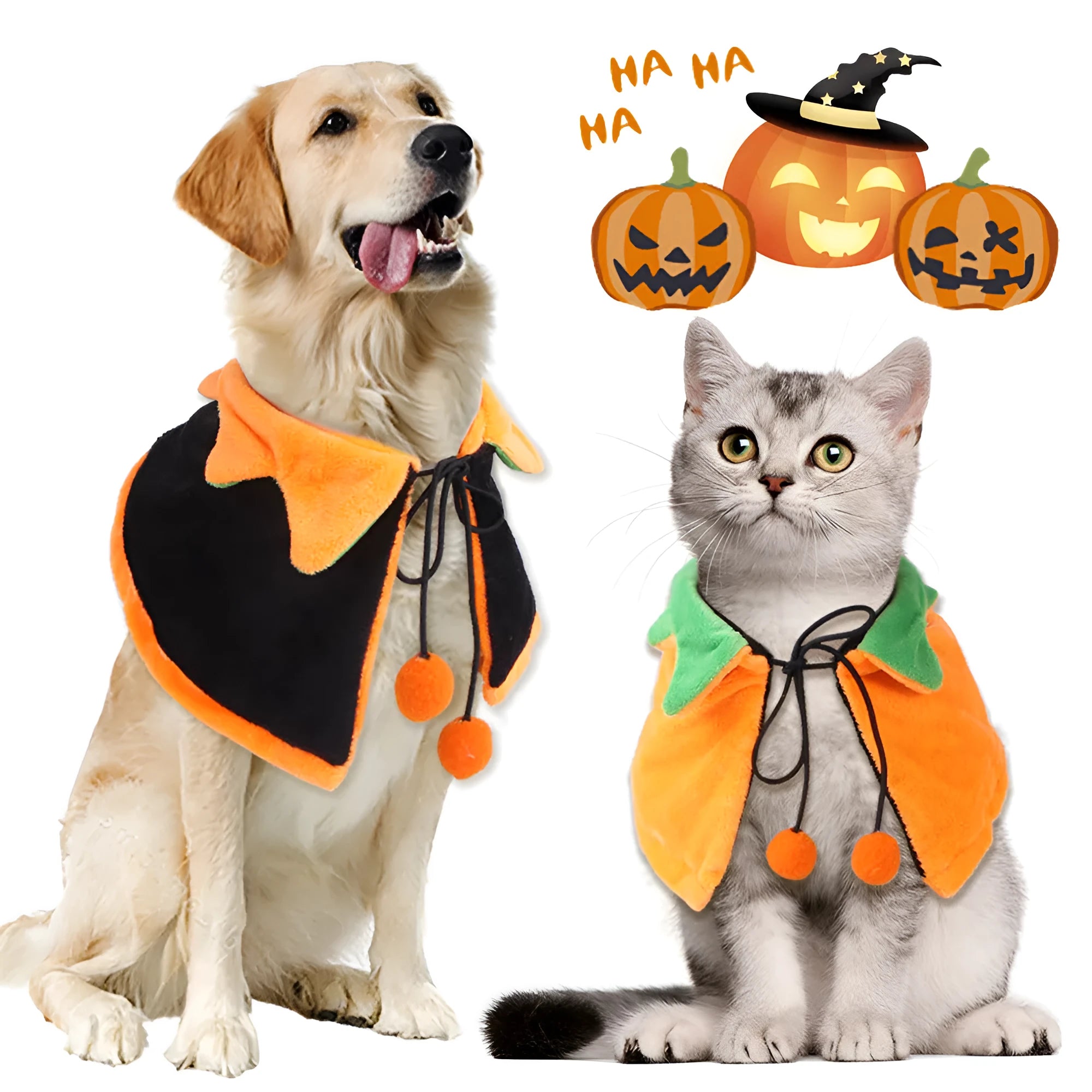 Orange pumpkin-themed plush cloak for dogs and cats with double-sided design