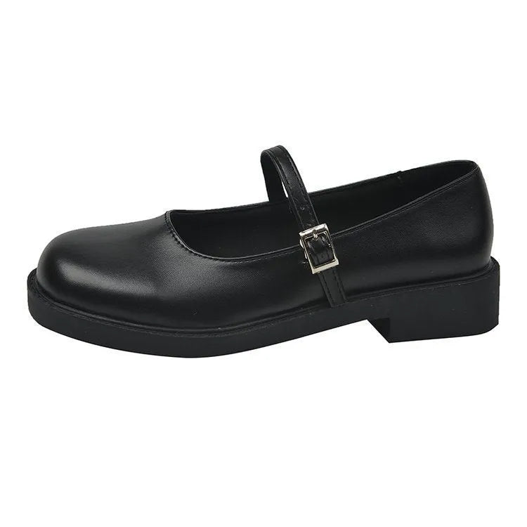 Women's red French vintage flat shoes with round toe and solid colour PU upper.