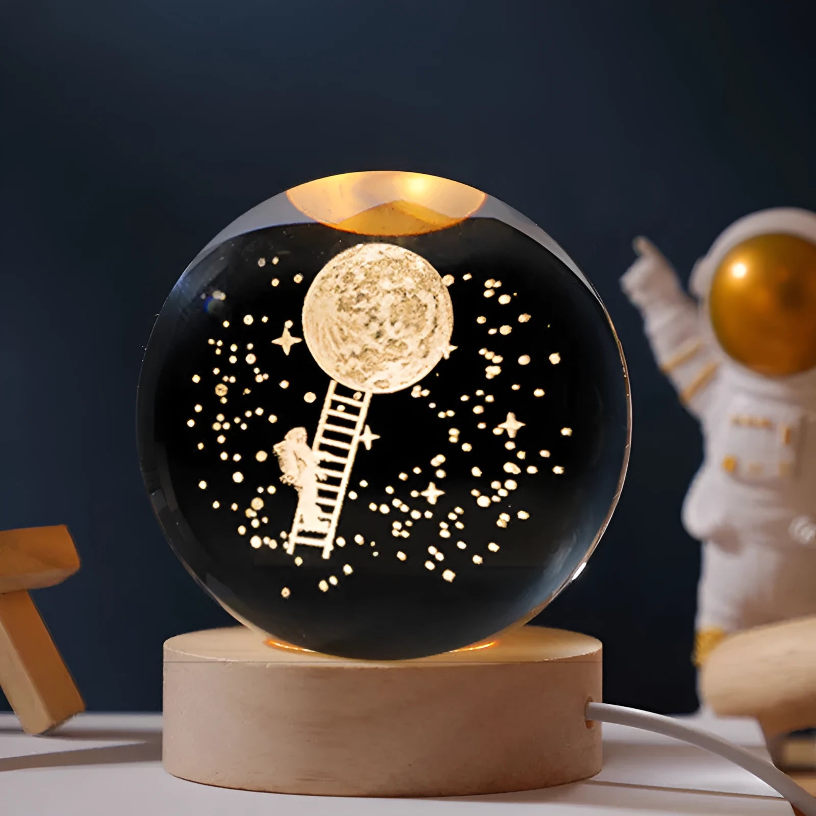 Starry sky luminous crystal ball on wooden base with USB cable and warm white LED illumination