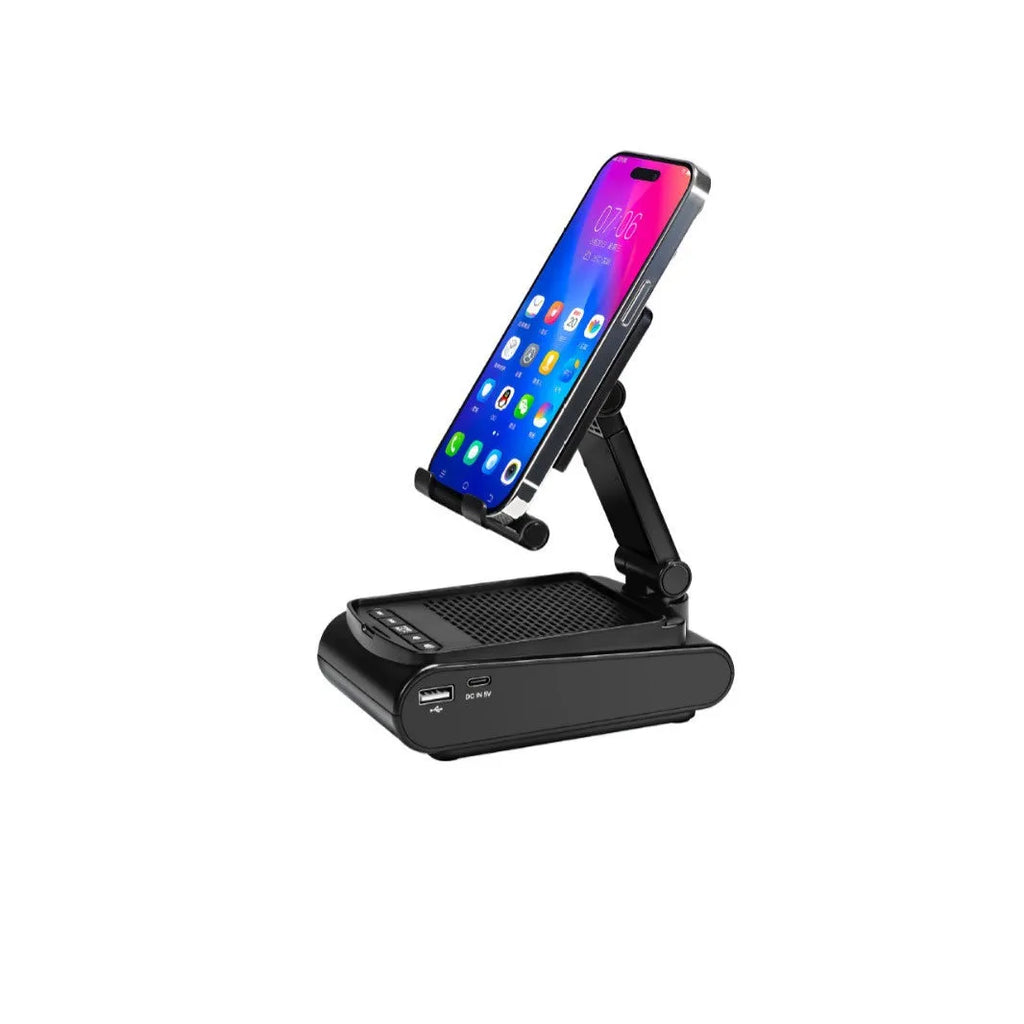 Multi-function lazy phone holder with Bluetooth speaker USB powered black white plastic