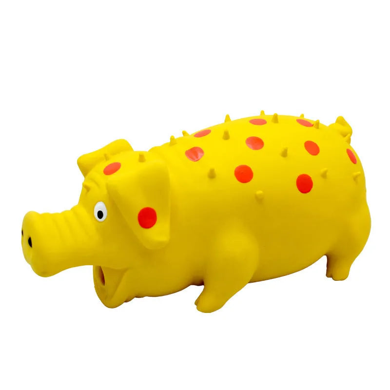 Latex pig-shaped squeaky dog chew toy with textured surface in assorted colours