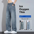 Ice silk denim wide-leg trousers straight casual style with zip placket fly opening