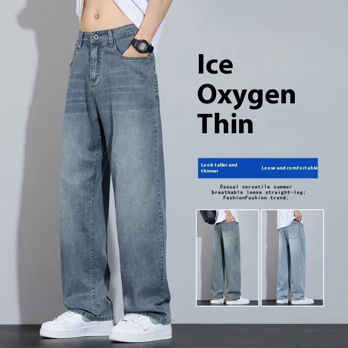 Ice silk denim wide-leg trousers straight casual style with zip placket fly opening