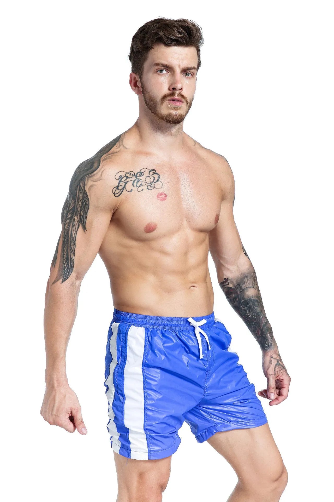 Men's blue lace-up sports shorts with padding and slim fit design