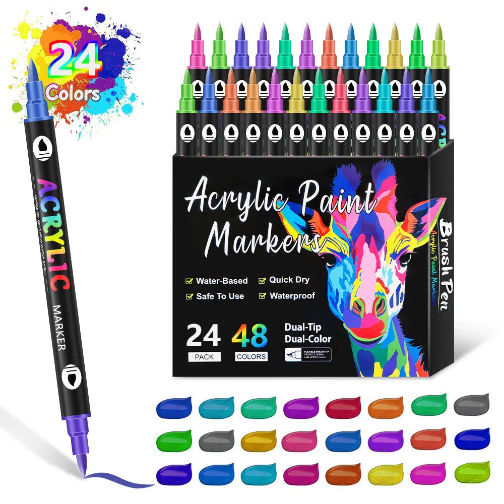 Set of double-tipped acrylic marker pens showing washable opaque colours in 12, 24 or 36 piece options