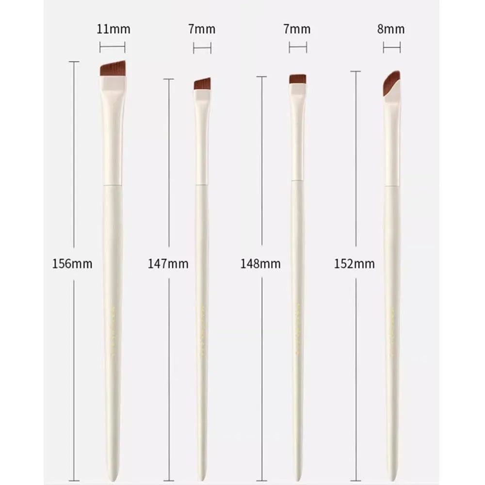 Four angled eyeliner and brow brushes with fine tips next to a leather case.