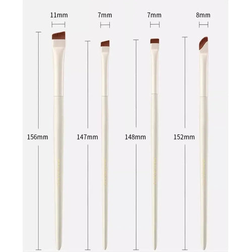 Four angled eyeliner and brow brushes with fine tips next to a leather case.