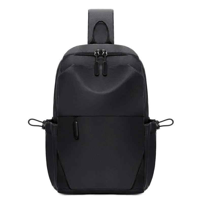 Men's grey lightweight chest bag showing front compartment and adjustable shoulder strap.