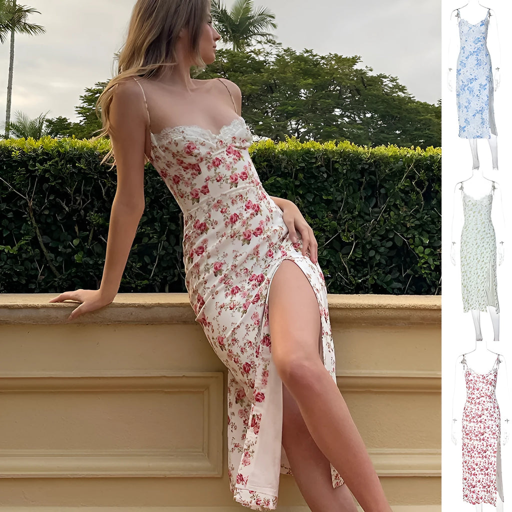 Women's long blue dress with lace flower print and slit suspender design.