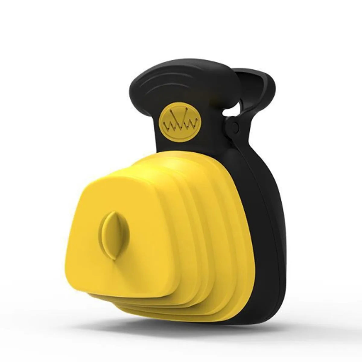 Blue portable dog pooper scooper with clip, bag dispenser, and unfolded waste container.