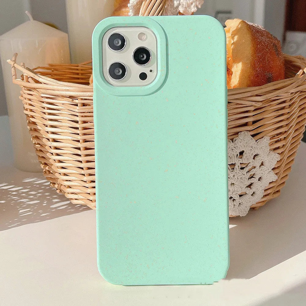 Fully degradable wheat straw fibre phone case for iPhone on a white background.