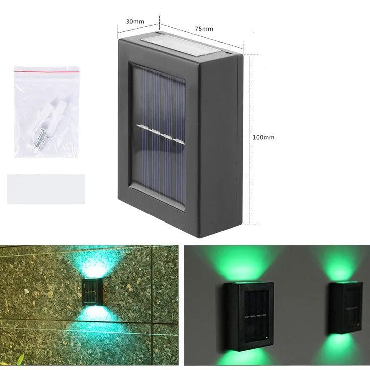 Solar garden wall light with LED illumination for outdoor decorative lighting
