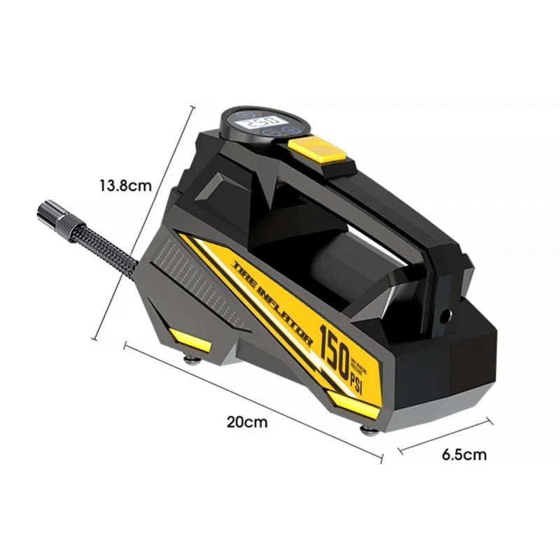 Black vehicle-mounted tyre inflator with digital display showing pressure readings
