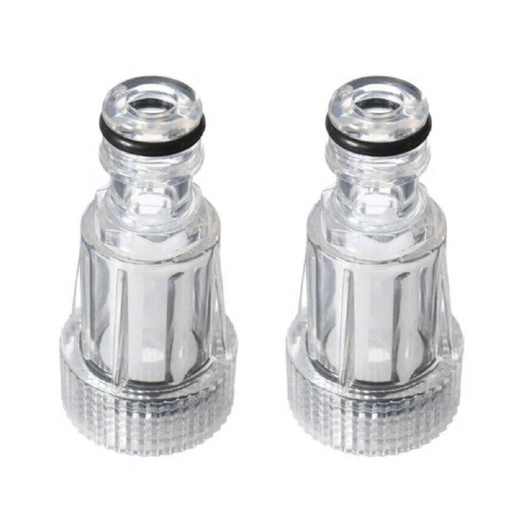 Transparent plastic water inlet joint for Kärcher pressure washers with 3cm diameter filter screen