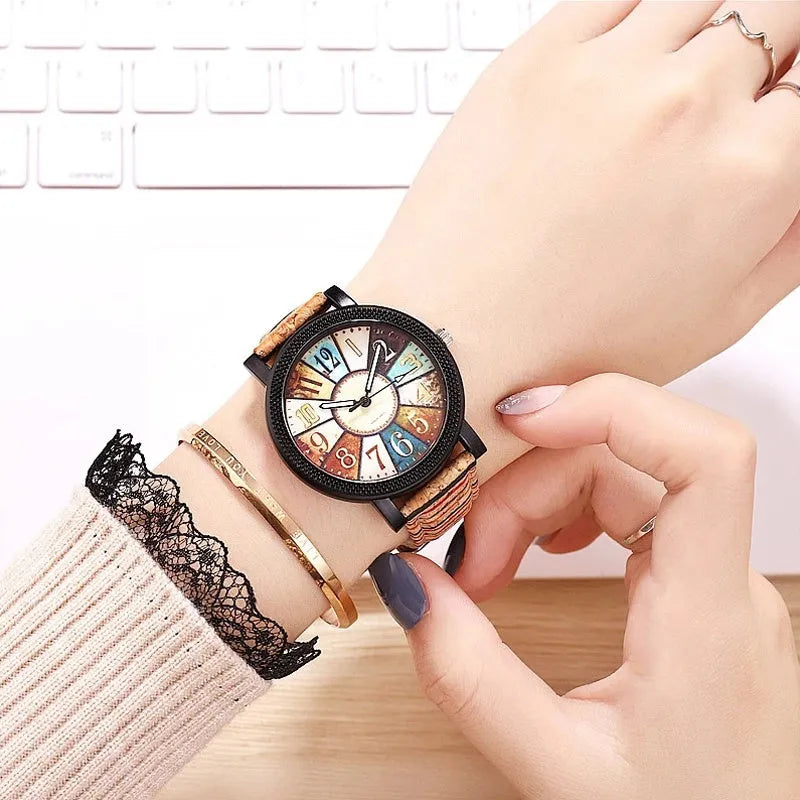 Vintage style leather strap women's quartz watch with 37mm round dial and stainless steel buckle