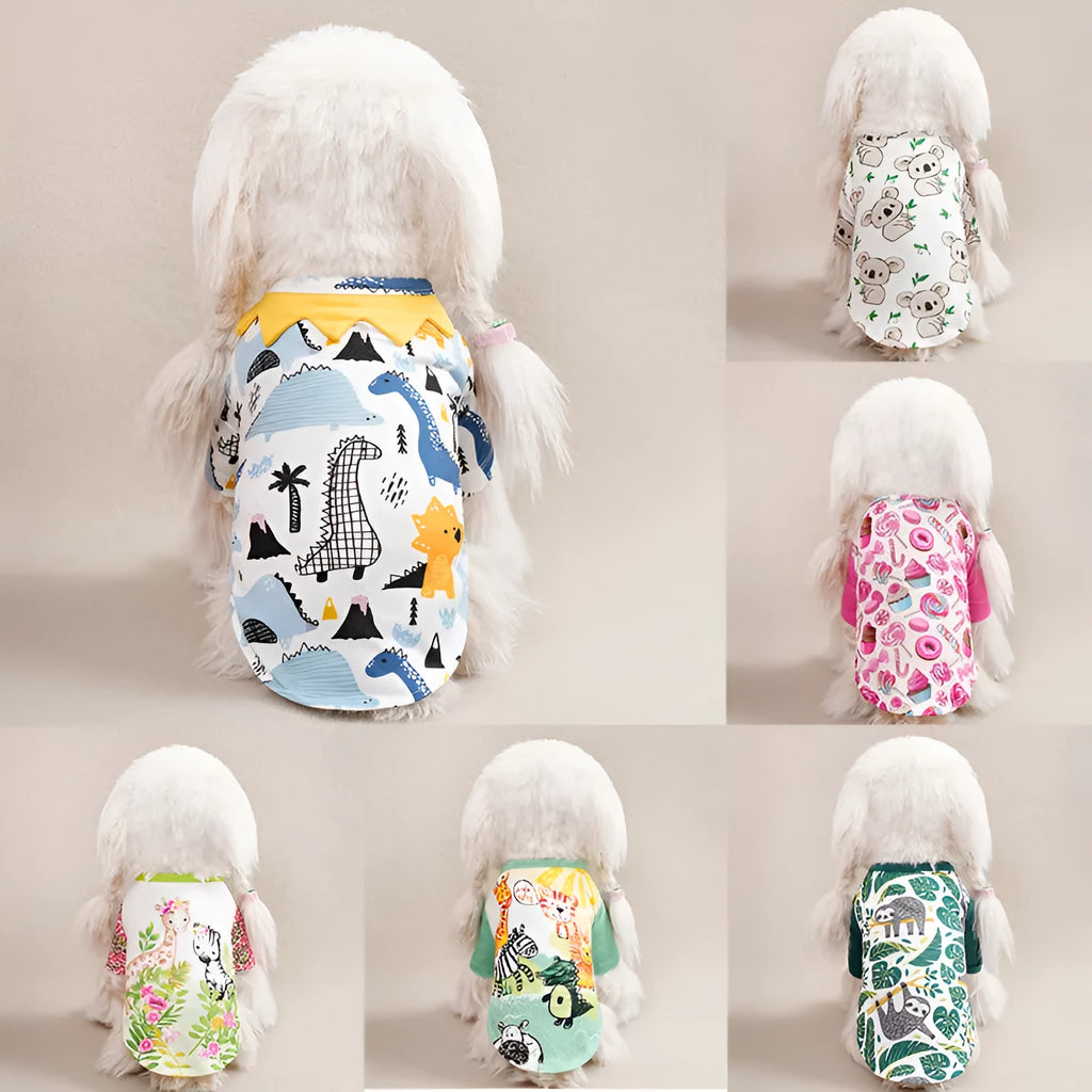 Printed polyester dog t-shirt in casual style for spring and autumn wear with size chart showing weight ranges and measurements