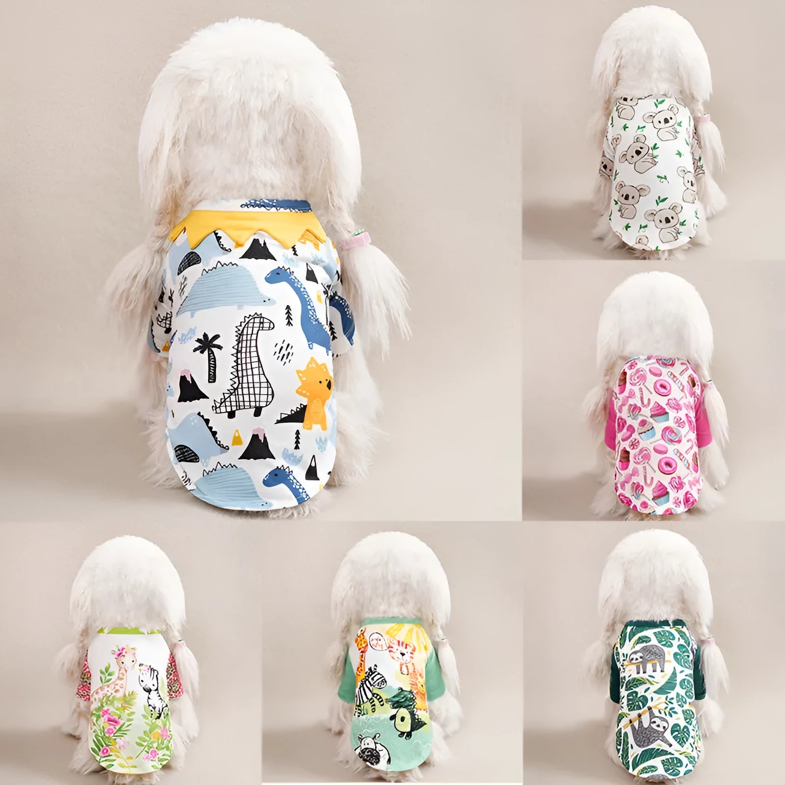 Printed polyester dog t-shirt in casual style for spring and autumn wear with size chart showing weight ranges and measurements