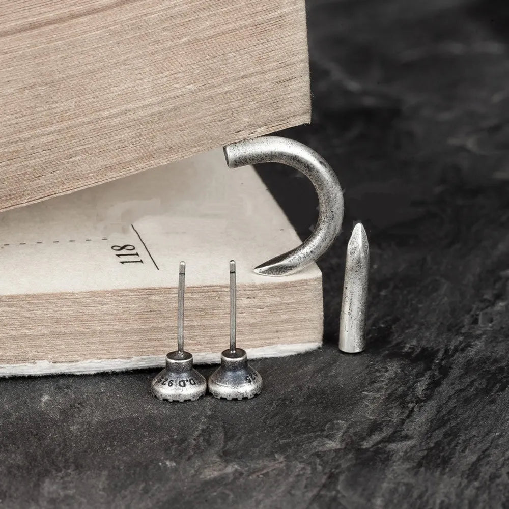 S925 Sterling Silver punk stud earrings with retro nail design in straight and curved styles