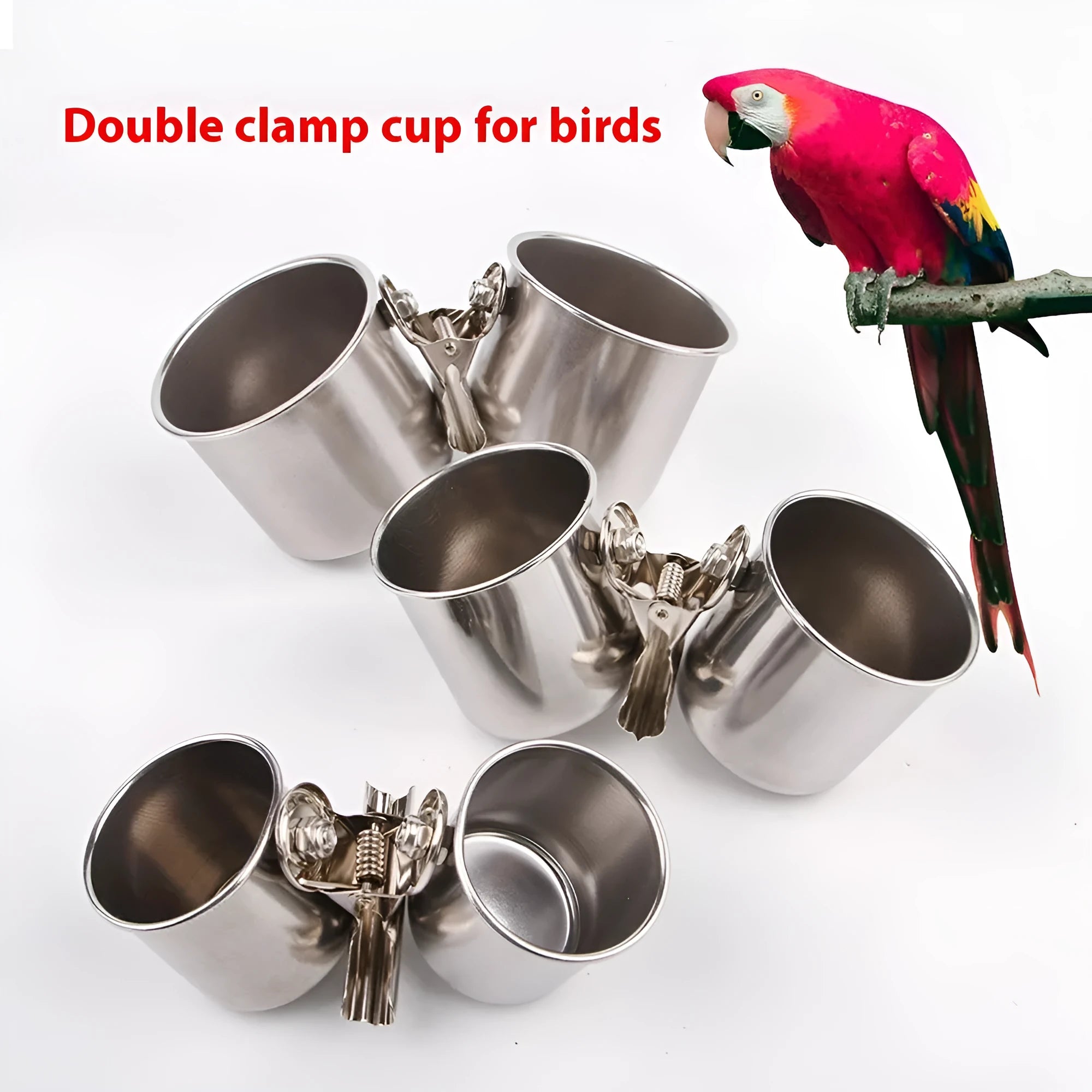 Stainless steel birdcage food container feeder in natural colour for outdoor use.