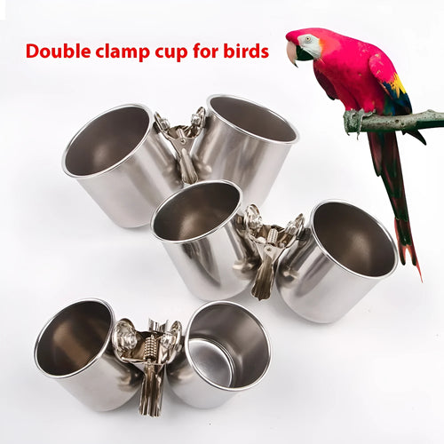 Stainless steel birdcage food container feeder in natural colour for outdoor use.