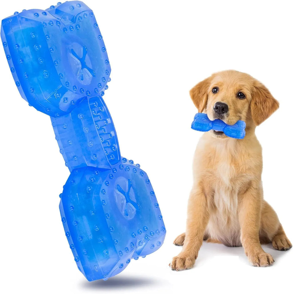 Freezable dog chew toy in bones shape with hollow centre for treats, shown next to a circles-shaped version.
