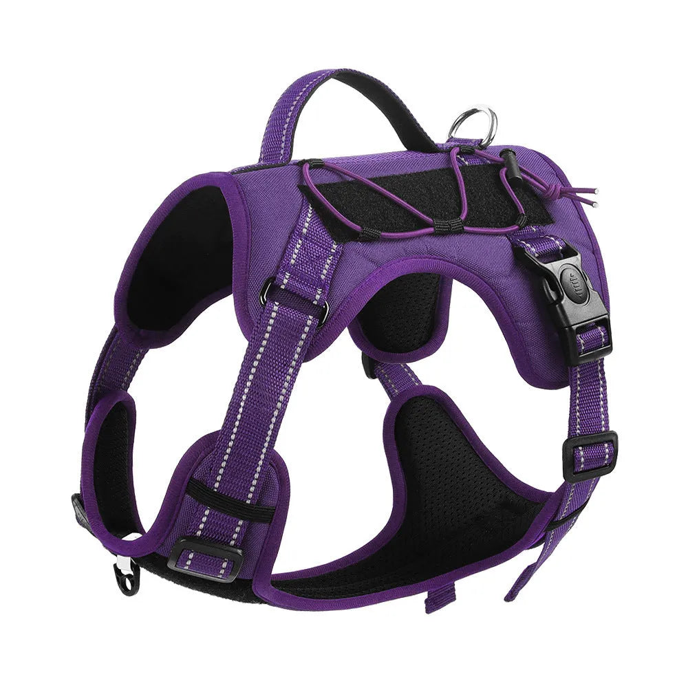Orange reflective dog harness with a black integrated hand-holding rope, showing size adjustment straps.