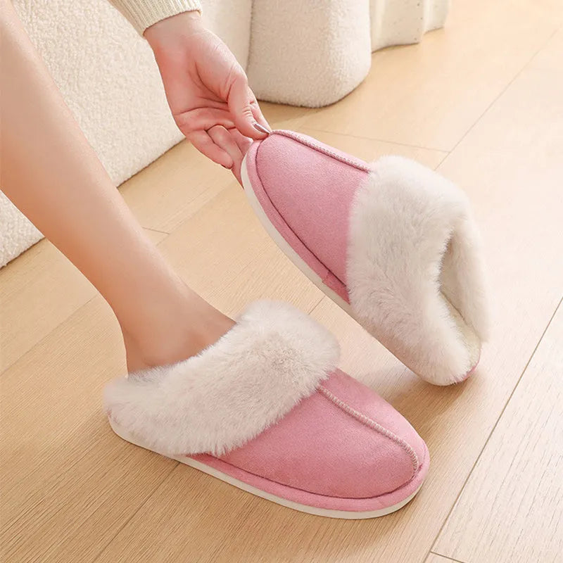 Women's brown plush indoor slippers with round toe design and non-slip PVC soles