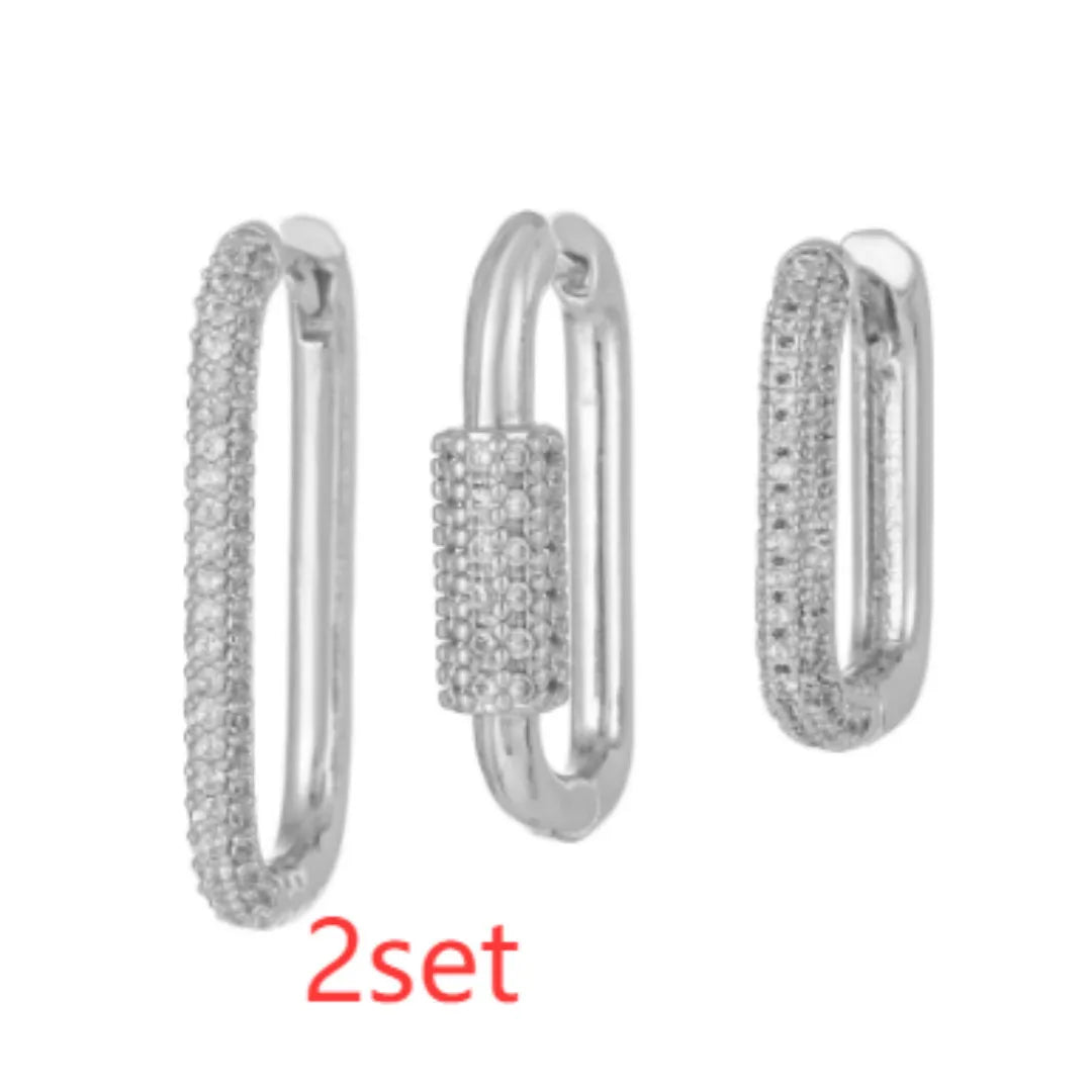 Three geometric zircon ear clips with square design in gold and white colour options