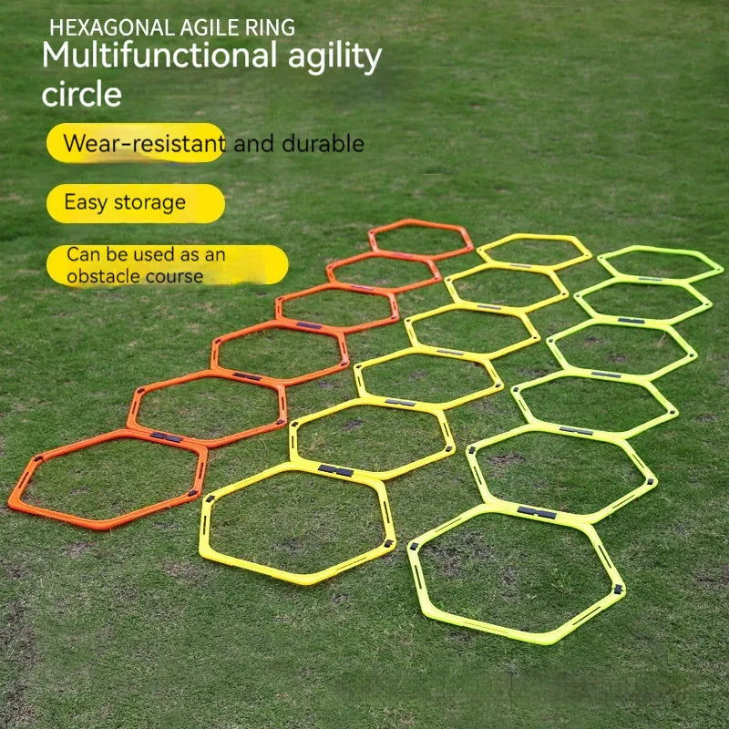 Set of six foldable hexagon football agility training rings in yellow, green, and orange colours