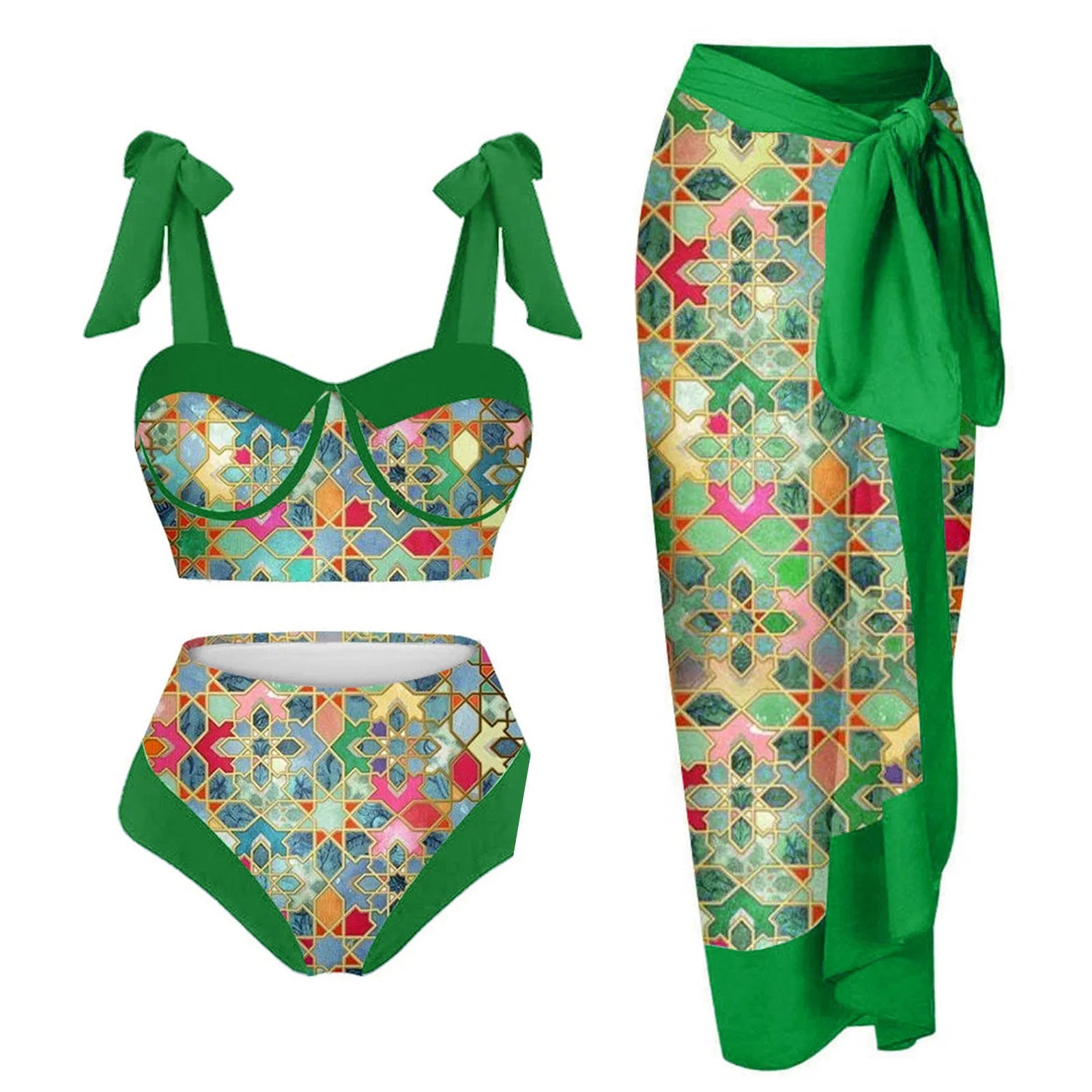 Women's printing split swimsuit three-piece set in a blue flower pattern, showing skirt, bra, and panties.