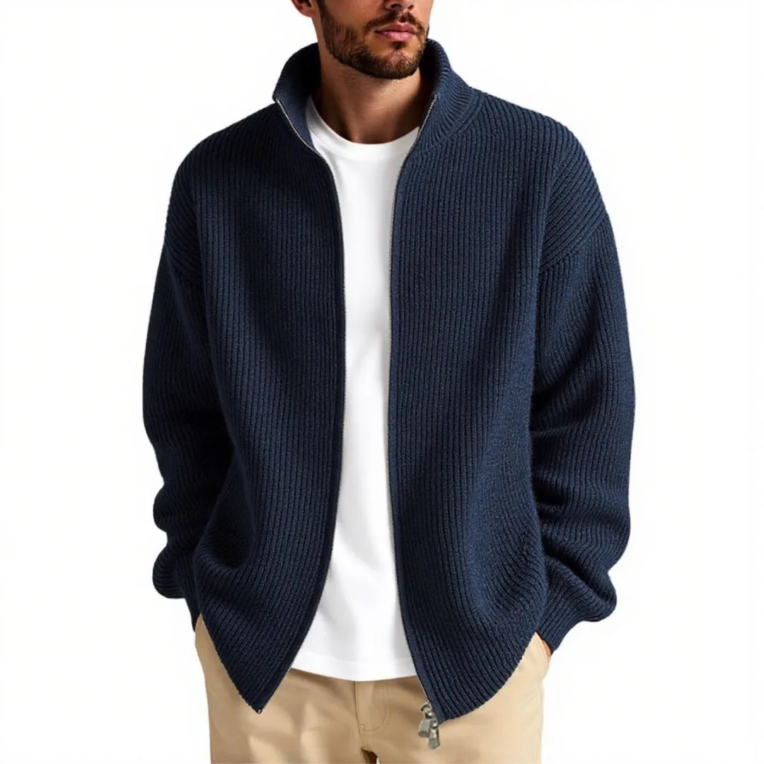 Loose-fitting men's cardigan sweater in a chemical fibre blend, shown in a neutral colour.