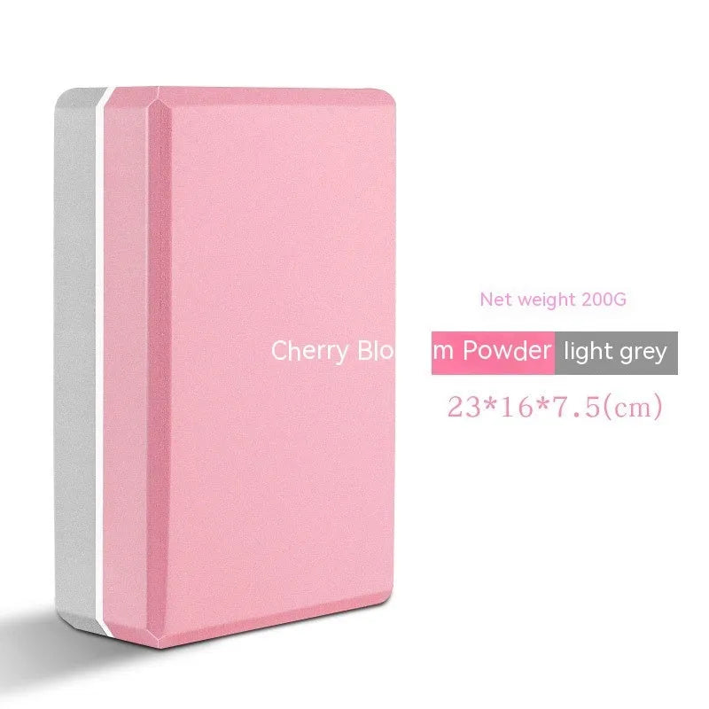 High-density EVA yoga block in pink next to a dark blue block, showing 7.5cm height and printed cartoon design options.
