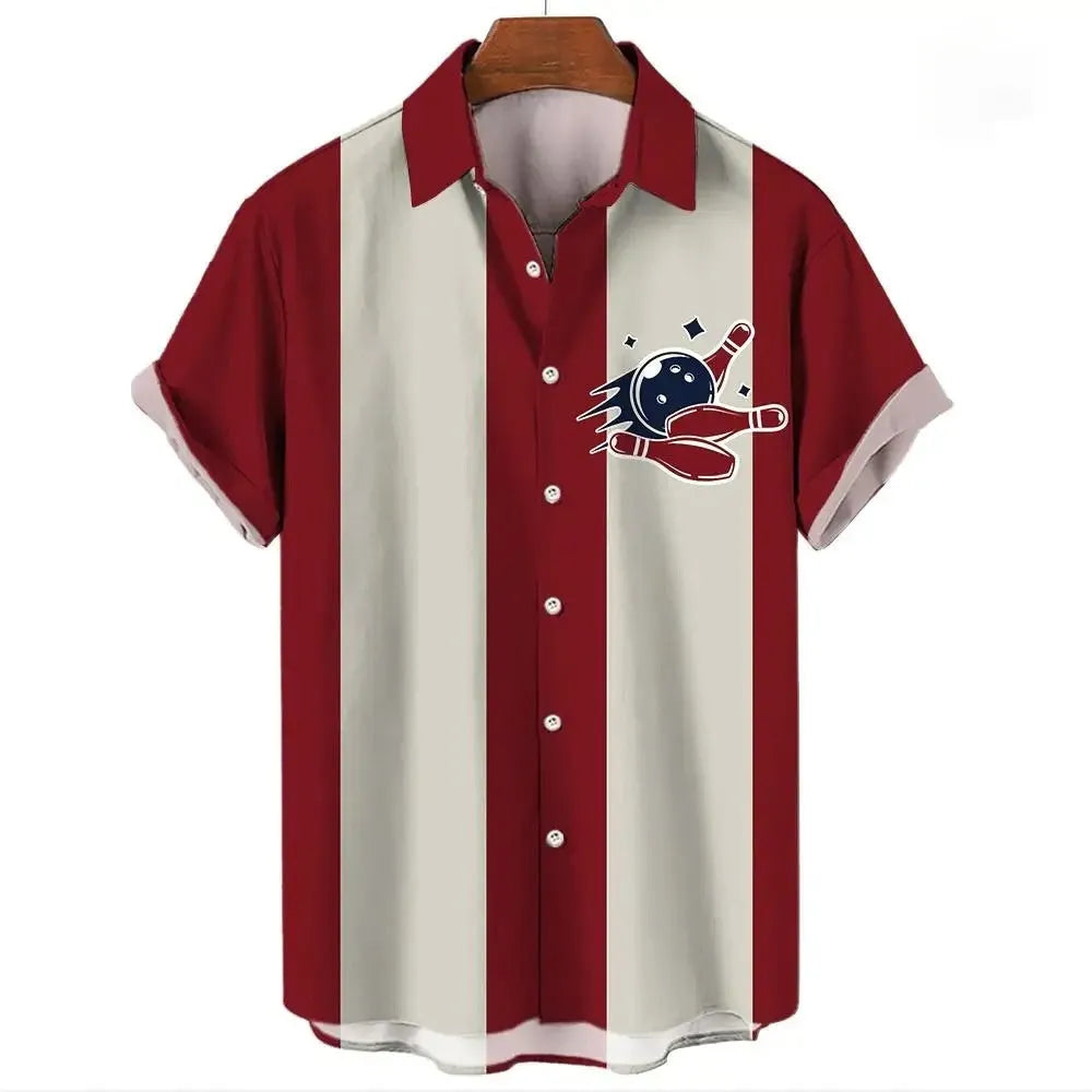 Men's striped Hawaiian shirt in polyester fabric with button-up short sleeves