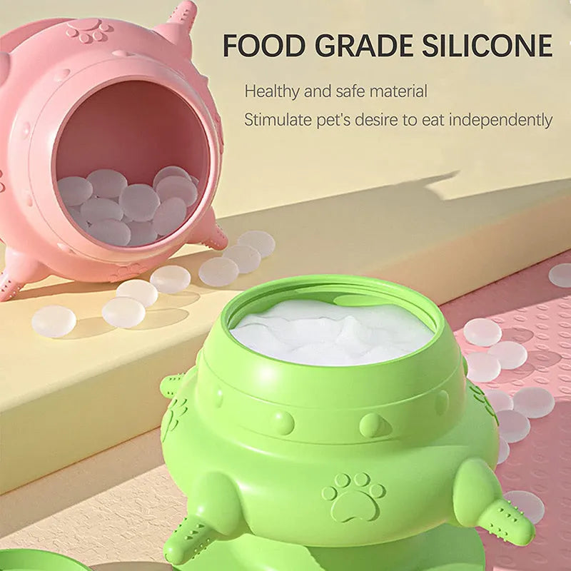 Pink silicone pet nursing device with breast-shaped milk bowl and pacifiers for feeding puppies and kittens