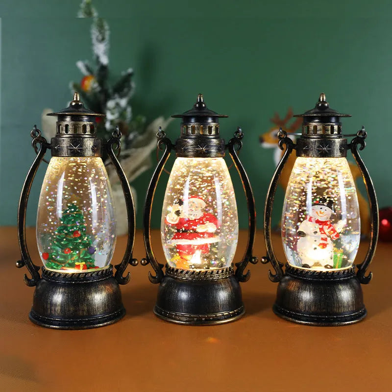 Portable crystal ball oil lamp Christmas ornament showing light-emitting snowman or elderly figure design on a desk.