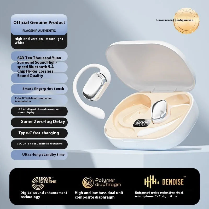 Ear-mounted headphones with digital display screen in black, skin colour, or white colour options