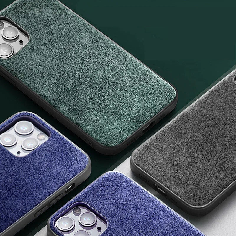 Suede full-cover phone case for iPhone in dark blue, dark night green, or elegant black.