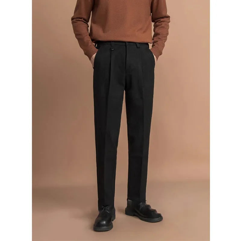 Men's straight-leg trousers in polyester fabric with draped styling for business casual wear